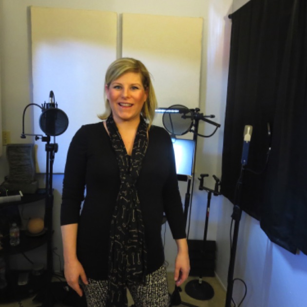 Tracy Burklund recording voiceovers at Lan Media Productions recording studio.
